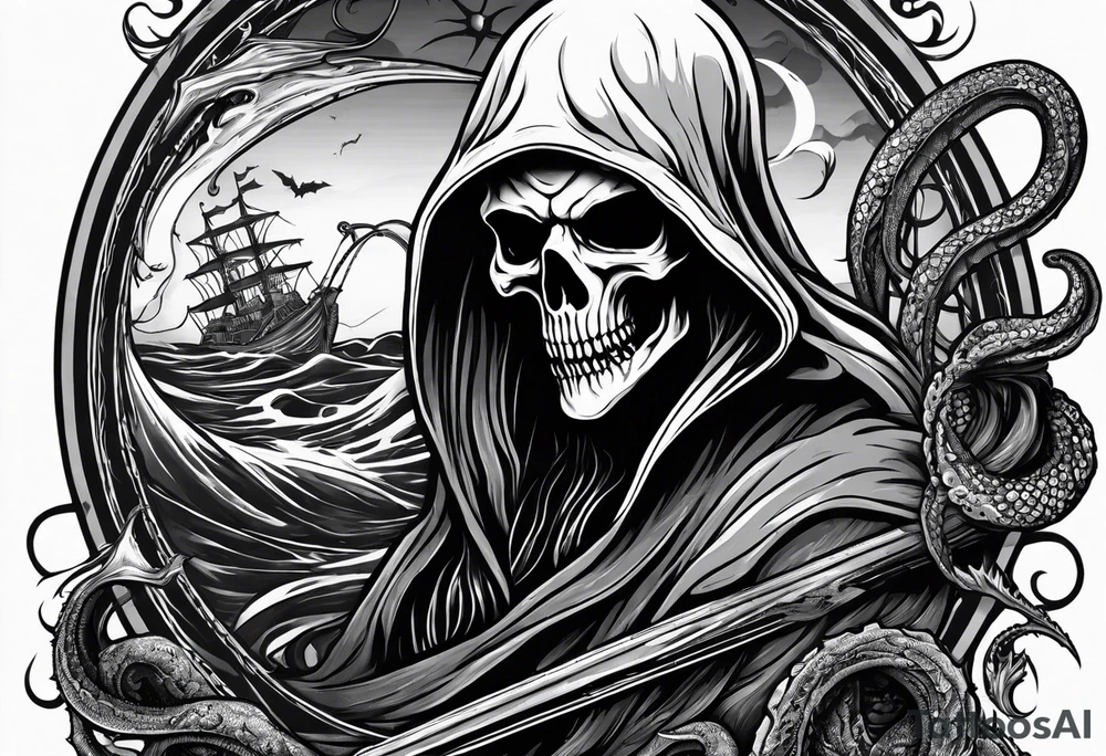 Grim reaper with a kraken in the background tattoo idea