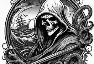 Grim reaper with a kraken in the background tattoo idea