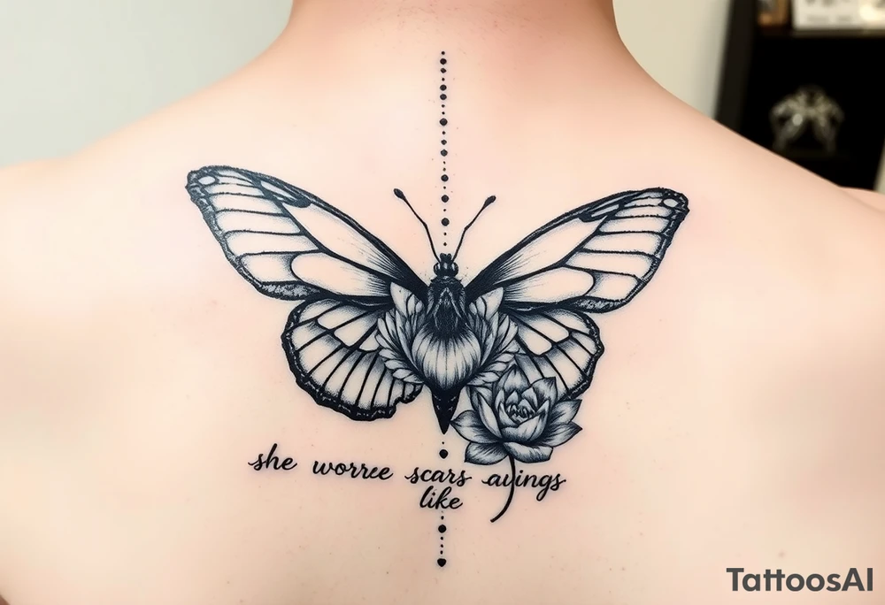 butterfly with cracked wings and lotus flower with quote that says “she wore her scars like wings” all down spine but very elegant tattoo idea