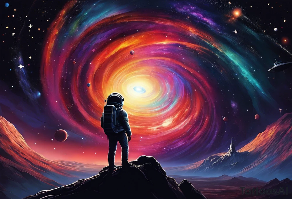 1. **Shoulder and Mid-Arm (Space Theme)**:
   - **Background**: Dark space with stars and nebulas.
   - **Elements**:
     - A rocket launching from the shoulder.
     - A swirling black hole with cosmic debris.
     - Various aliens in a UFO or standing on small planets.
   
2. **Lower Arm (Sky Theme)**:
   - **Transition**: Gradual fade from dark space to a lighter sky, incorporating colors from deep blues and purples to lighter blues and whites.
   - **Elements**:
     - Airplanes flying in different directions, leaving trails.
     - Soft clouds with some sun rays peeking through.
   
3. **Wrist and Hand (Blue Ridge Parkway)**:
   - **Background**: Blue Ridge Mountains with lush greenery.
   - **Elements**:
     - A winding road representing the Blue Ridge Parkway.
     - Trees and wildlife native to the region.
     - Possibly include a small stream or a few mountain flowers. tattoo idea