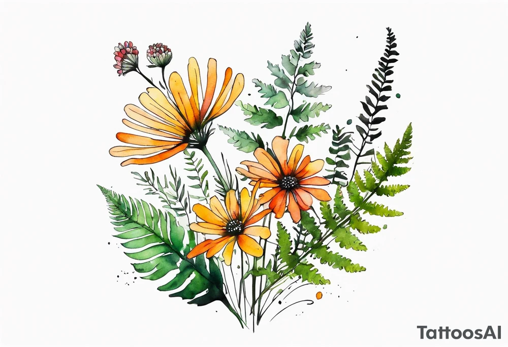 wild flowers long stems bouquet with ferns all watercolor tattoo idea