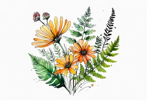 wild flowers long stems bouquet with ferns all watercolor tattoo idea