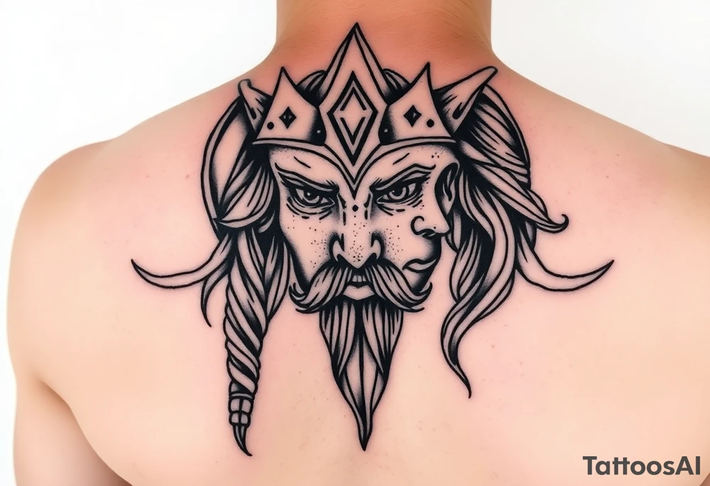 Viking Shield maiden face, black work, intricate lines, realistic, complex tattoo idea