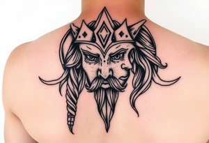 Viking Shield maiden face, black work, intricate lines, realistic, complex tattoo idea