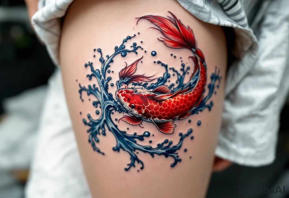 A crimson red koi fish swimming upstream with blue water waves, symbolizing perseverance and strength. tattoo idea