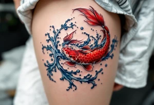 A crimson red koi fish swimming upstream with blue water waves, symbolizing perseverance and strength. tattoo idea