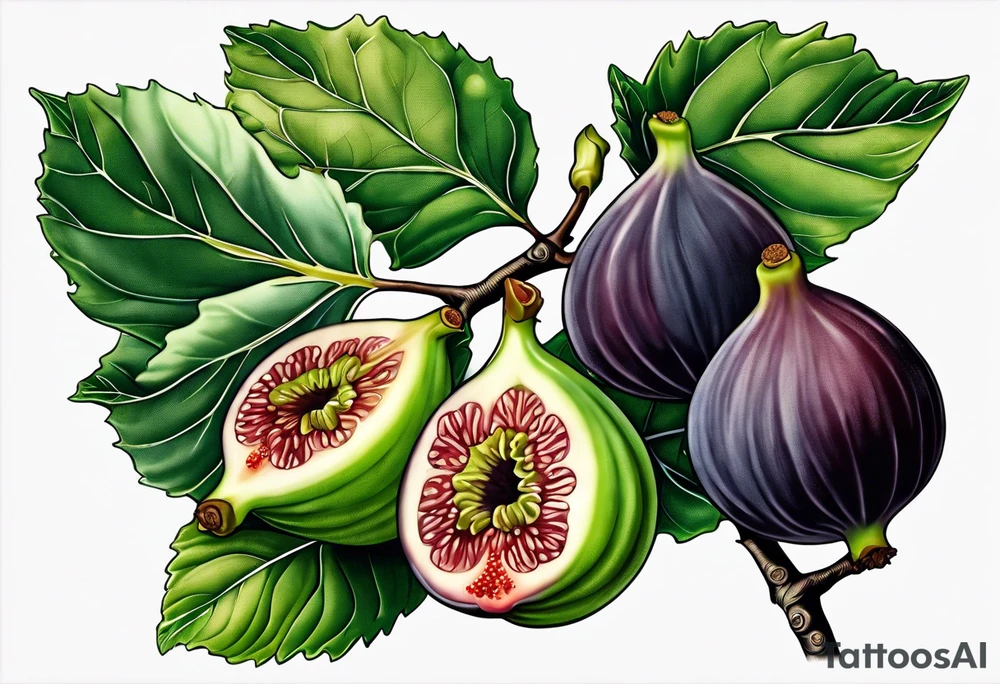 A fig branch with 3 greenish-brown fruits and multiple lobed fig leaves tattoo idea