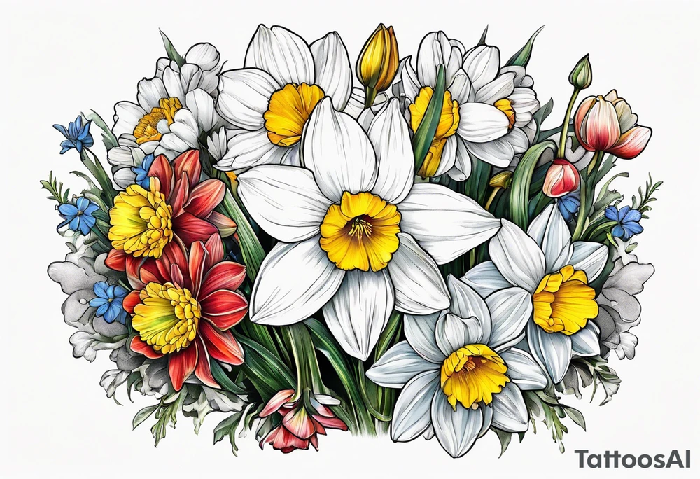 Narcissus, CHRYSANTHEMUM, COSMOS, SNOW DROP in bouquet w stems tattoo idea