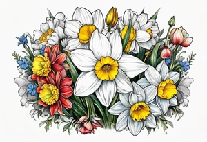 Narcissus, CHRYSANTHEMUM, COSMOS, SNOW DROP in bouquet w stems tattoo idea