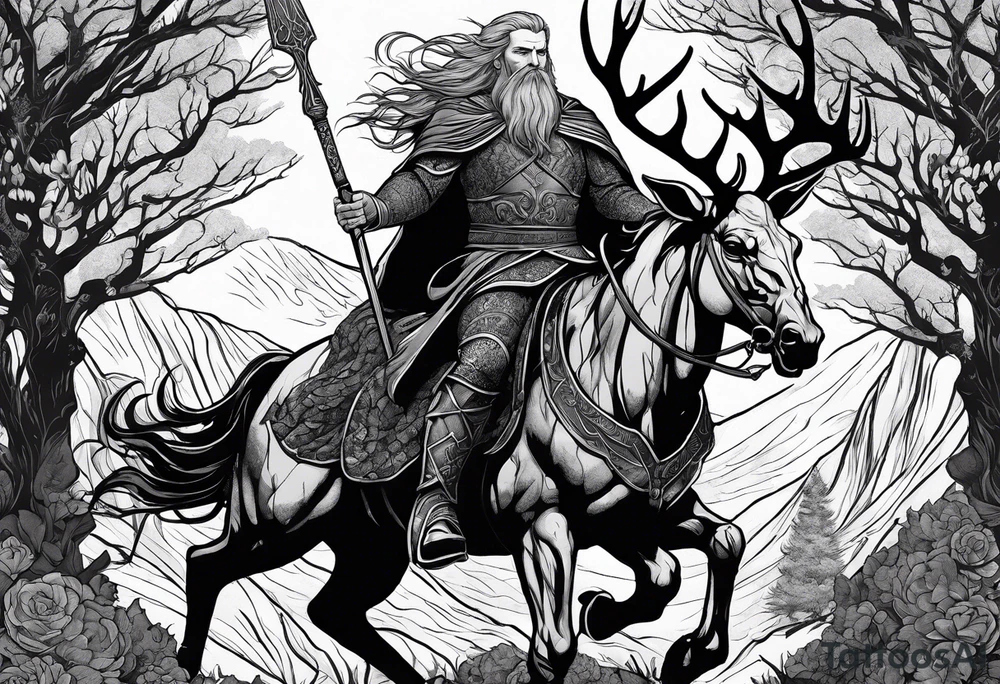 Nordic god Balder in the land of the dead riding on an undead stag with no face tattoo idea