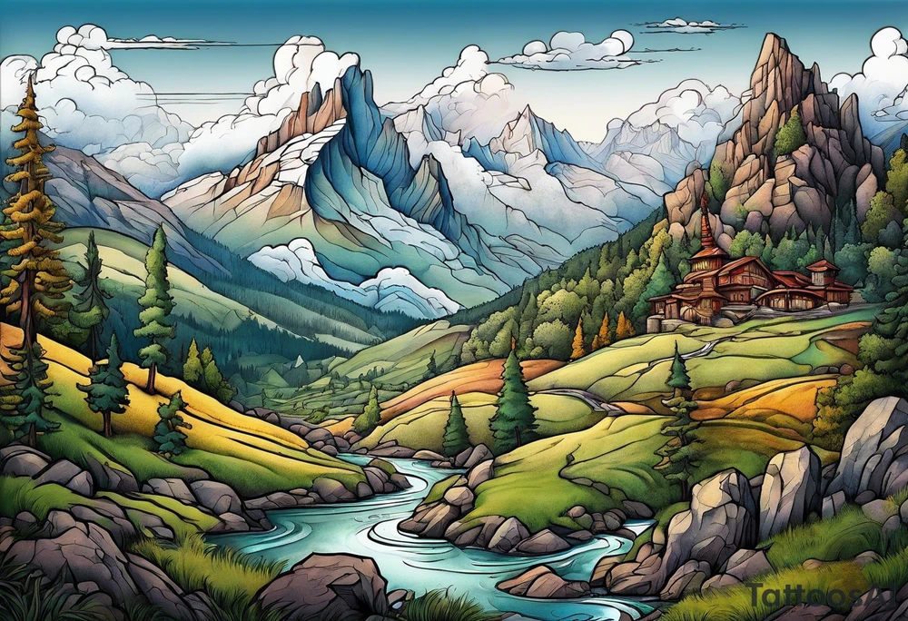 renaissance but western looking plateau and valley tattoo idea