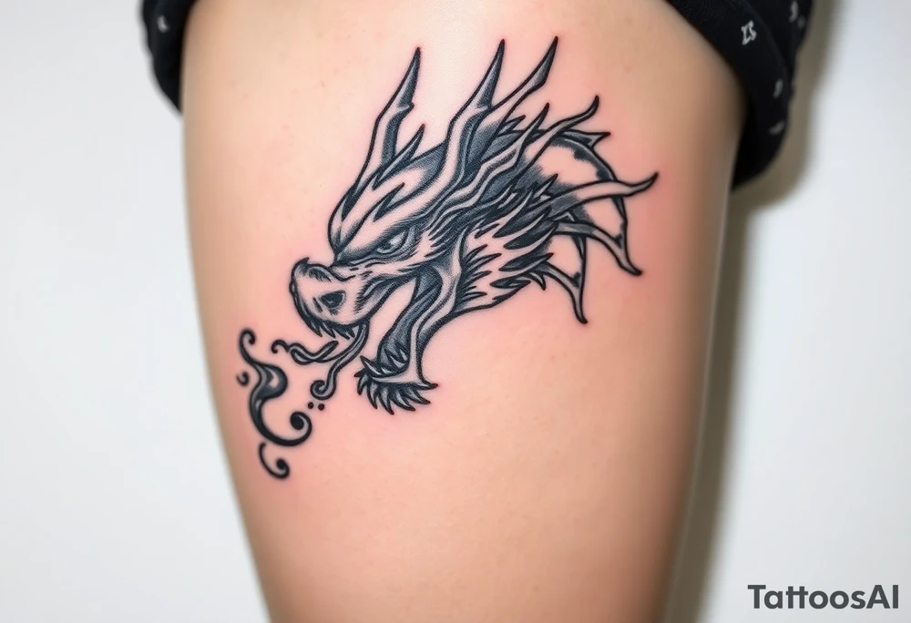 fierce dragon head breathing iridescent fire tattoo idea
