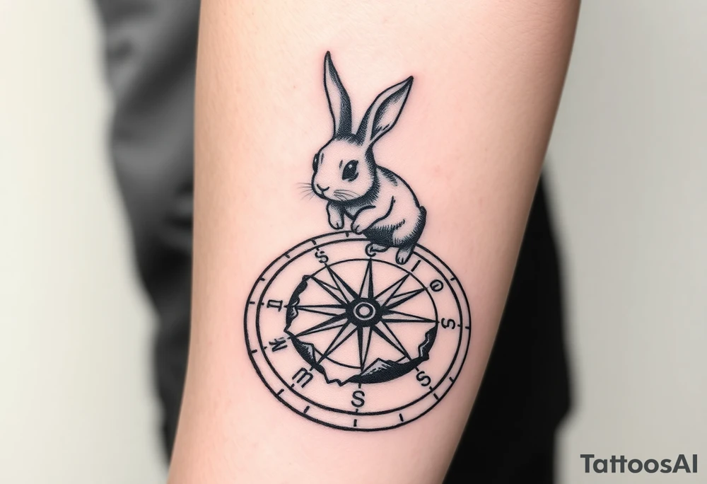 Small Rabbit jumping on top the compass that looks like a rabbit hole. tattoo idea