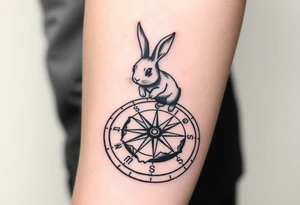 Small Rabbit jumping on top the compass that looks like a rabbit hole. tattoo idea