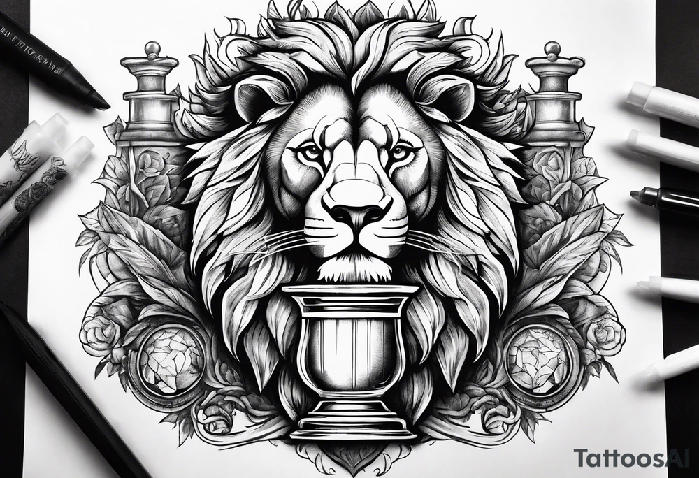 Classic heraldry lion holding a sword and a science beaker tattoo idea