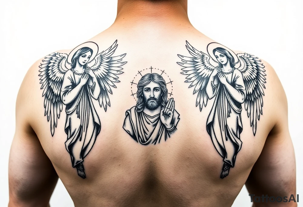 russian orthodox symmetrical guardian angel icon on left and right side of back with both angels holding up a jesus potrait tattoo idea