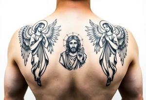 russian orthodox symmetrical guardian angel icon on left and right side of back with both angels holding up a jesus potrait tattoo idea