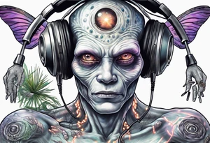 A realistic portrait of an extraterrestrial DJ with a glowing pineal gland tattoo idea