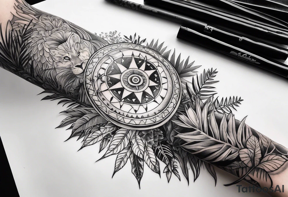 arm sleeve tattoo with The Helm of Awe surrounded by jungle plants tattoo idea
