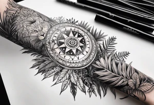 arm sleeve tattoo with The Helm of Awe surrounded by jungle plants tattoo idea