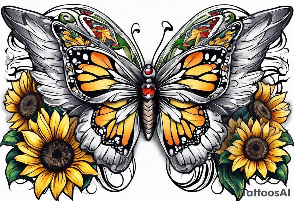 Sleeve with angel wings, sunflower and butterfly tattoo idea