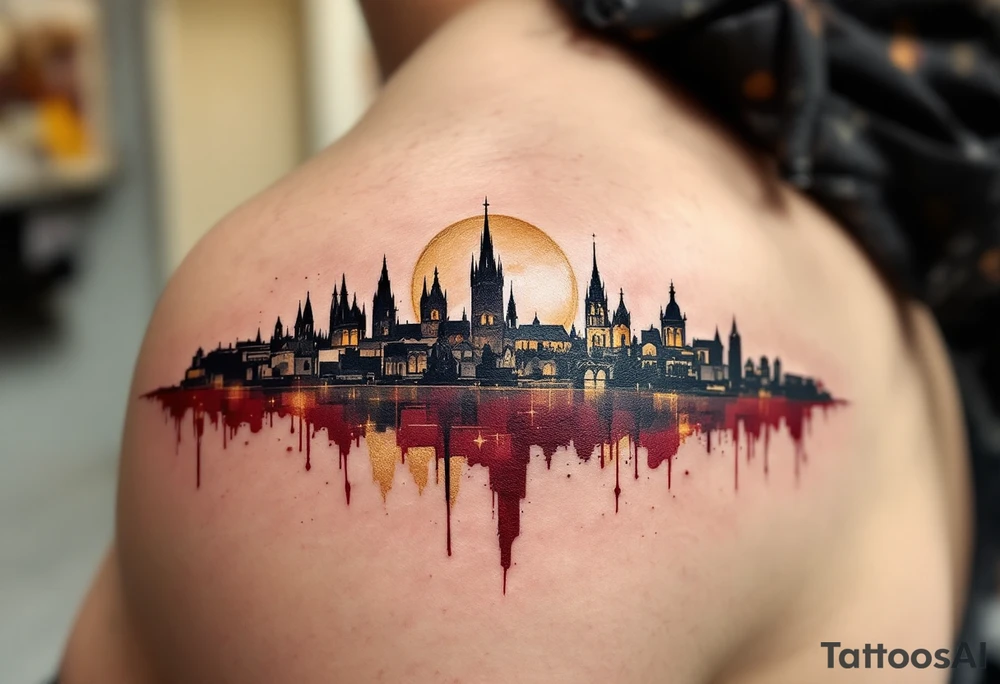 An abstract Prague city skyline in silhouette with the Sparta crest rising above in gold and maroon. tattoo idea