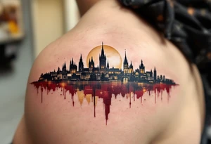 An abstract Prague city skyline in silhouette with the Sparta crest rising above in gold and maroon. tattoo idea