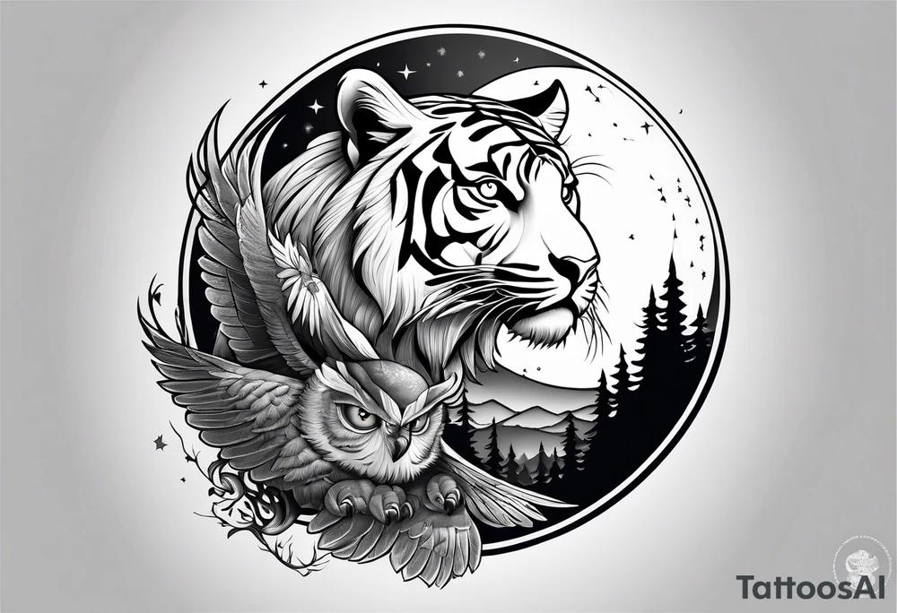 Tiger hunting a flying owl underneath a full moon in a forest tattoo idea