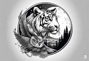 Tiger hunting a flying owl underneath a full moon in a forest tattoo idea