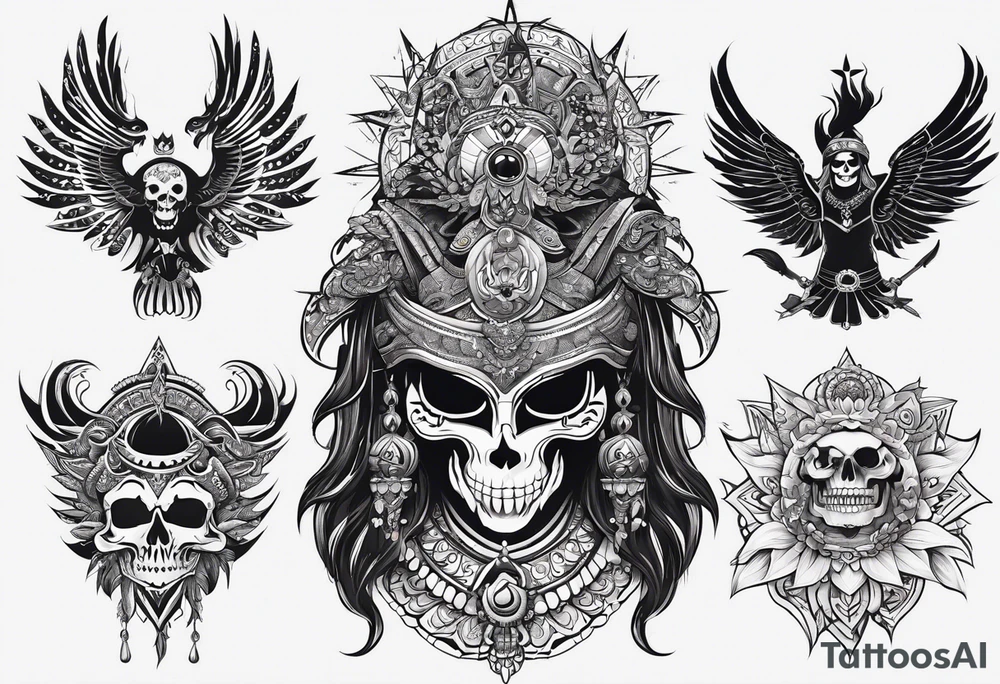 black kali, goddess pirate, alien, pachamama, valkrye, warrior, skull, lotus azul, wing, eagle, zenza resonance, stars, 5D tattoo idea