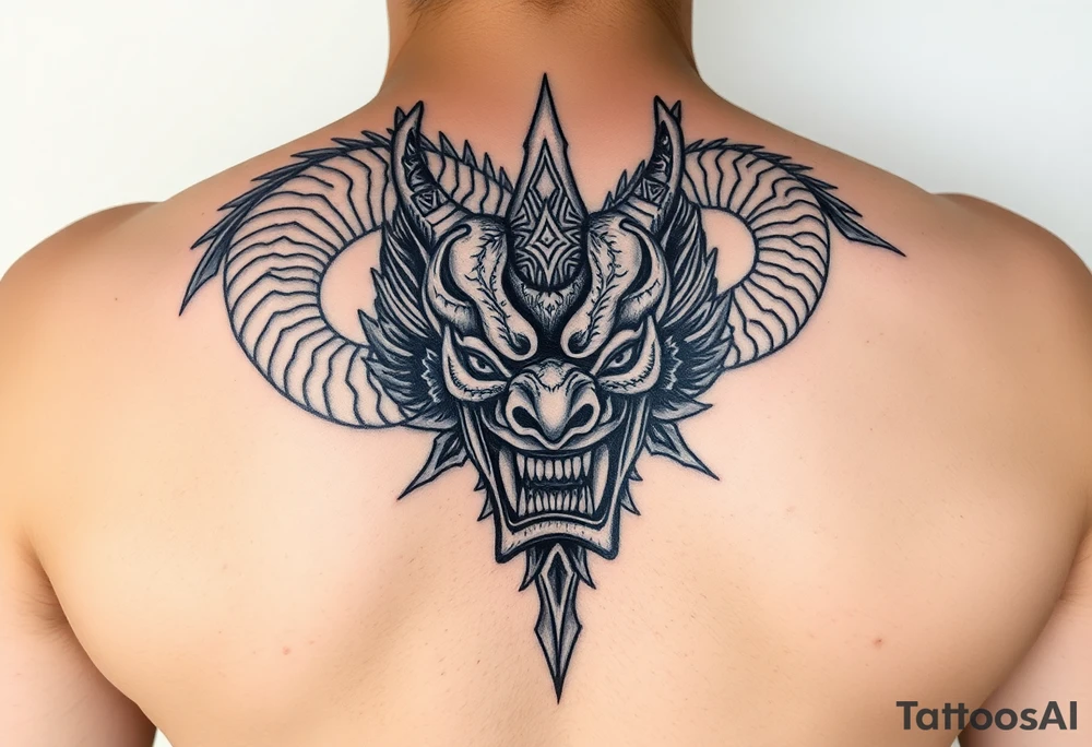Divine dragon wrapped around a evil oni mask tattoo idea