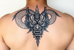 Divine dragon wrapped around a evil oni mask tattoo idea