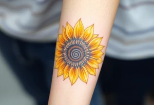 A radiant sunflower with golden-yellow petals, its center detailed with intricate spirals, symbolizing resilience and joy tattoo idea