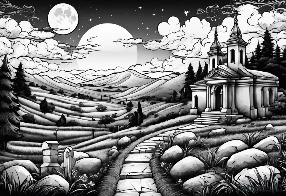 Cemetery on hills with clouds and moon tattoo idea