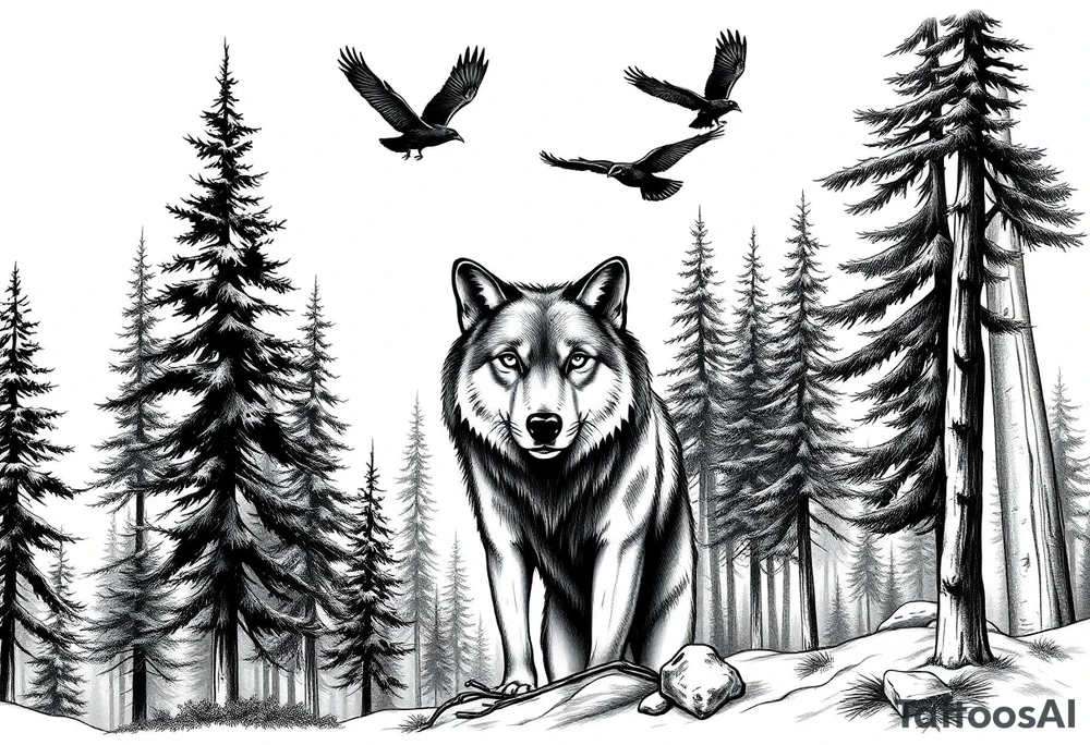 Densely wooded area with tall pine trees with a large wolf in the foreground looking straight forward, and four ravens flying overhead tattoo idea