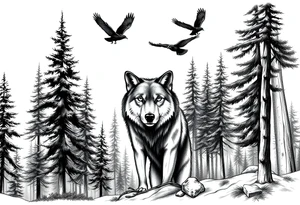 Densely wooded area with tall pine trees with a large wolf in the foreground looking straight forward, and four ravens flying overhead tattoo idea