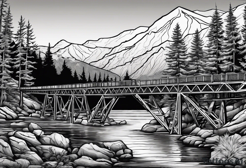 steel truss cantilever bridge over river, mountains, sky, trees, pacific northwest tattoo idea