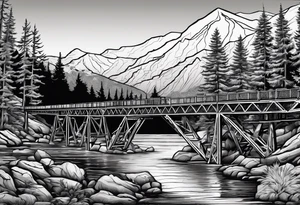 steel truss cantilever bridge over river, mountains, sky, trees, pacific northwest tattoo idea