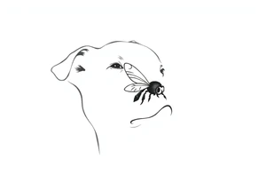 dog with a bee sitting on his nose. fine line very simple. more simple tattoo idea