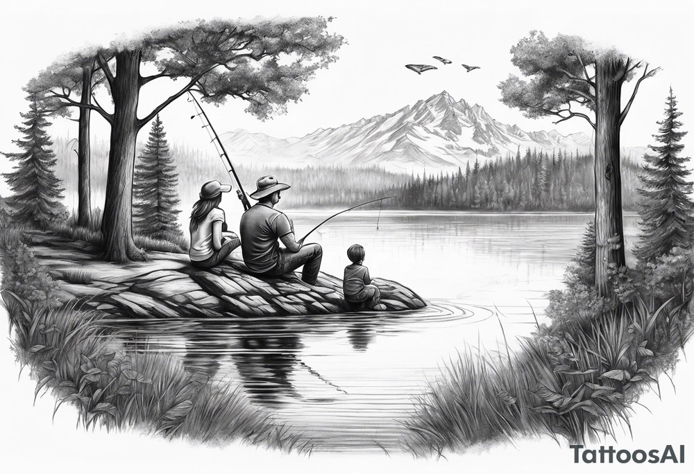 Father, son, and daughter fishing from bank on a lake with trees surrounding them tattoo idea