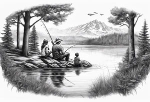 Father, son, and daughter fishing from bank on a lake with trees surrounding them tattoo idea