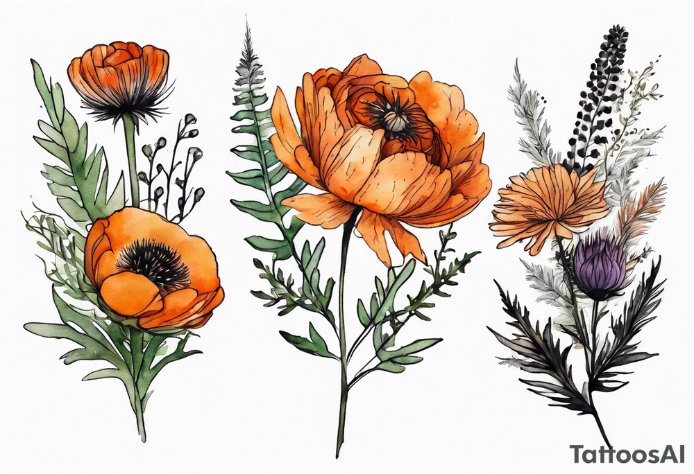vertical mixed wildflower bouquet with ferns, burnt orange ranunculus, thistle and with watercolor tattoo idea