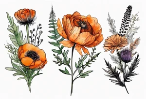 vertical mixed wildflower bouquet with ferns, burnt orange ranunculus, thistle and with watercolor tattoo idea