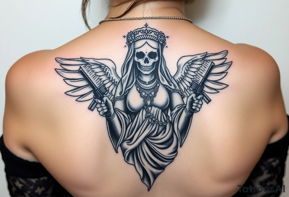 old angel statue (Santa Muerte style) criminal style tattooed and at the same time contemporary, weapons in hand, gangster-style gold necklaces tattoo idea