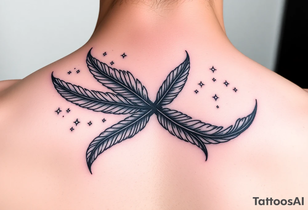 infinity symbol woven with floating feathers and stardust tattoo idea