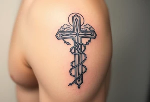 A very detailed and big cross that has thorn vines from a rose wrapping around it but with no flower just the thorns vines and then a halo above the cross with clouds around it tattoo idea