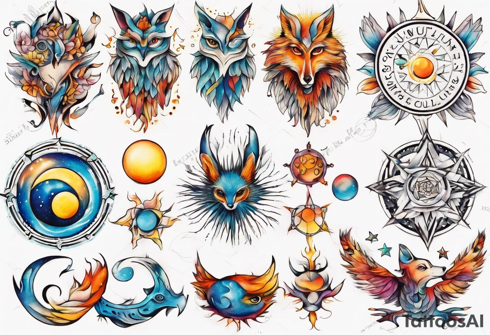 fisch, fuchs und eule , symetrie  sonne, universum, bunt, " sapere aude" tattoo idea