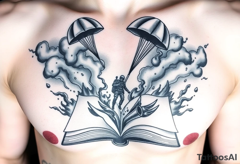 A parachuting soldier landing into an open book. Chaos surrounding, but the book is protecting the soldier from it. On the chest. Make the tattoo smaller. Make it thought provoking. Make the chaos in the environment be an eerie mist. Make the pages in the book be blank. Just one soldier, no other characters tattoo idea