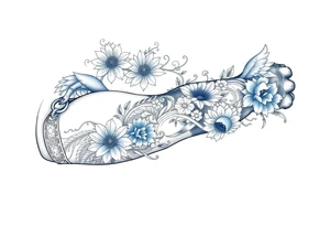 porcelain blue style with ornate, floral, and animal decor with a detailed banded border at the wrist and elbow. tattoo idea