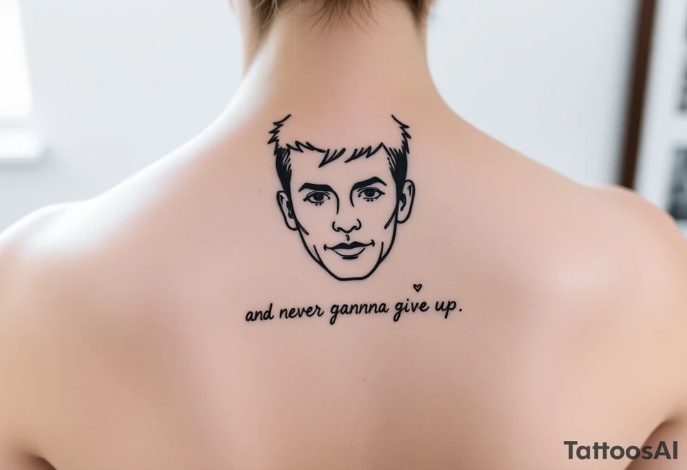 Rick Astley Face and Never Gonna Give You Up text tattoo idea